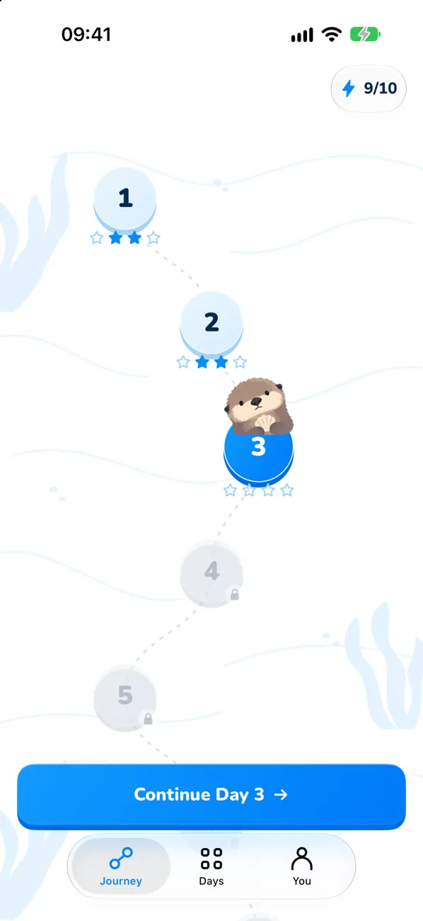 Learning app journey map with Day 3 as the current day