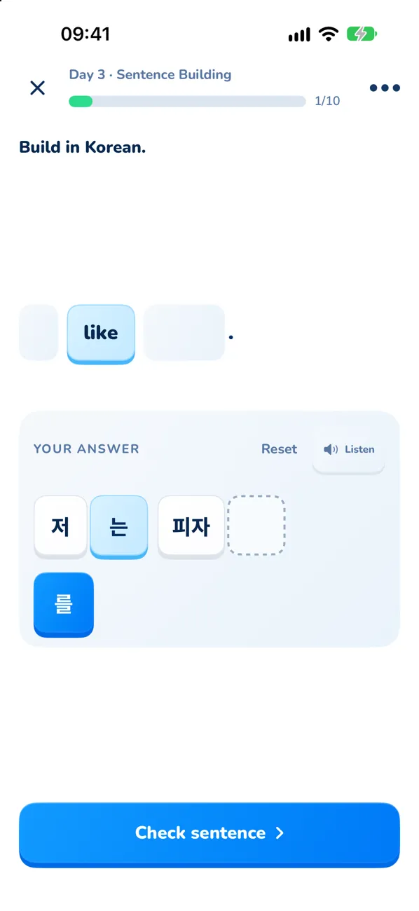 Day 3 sentence building: put words and markers in Korean order