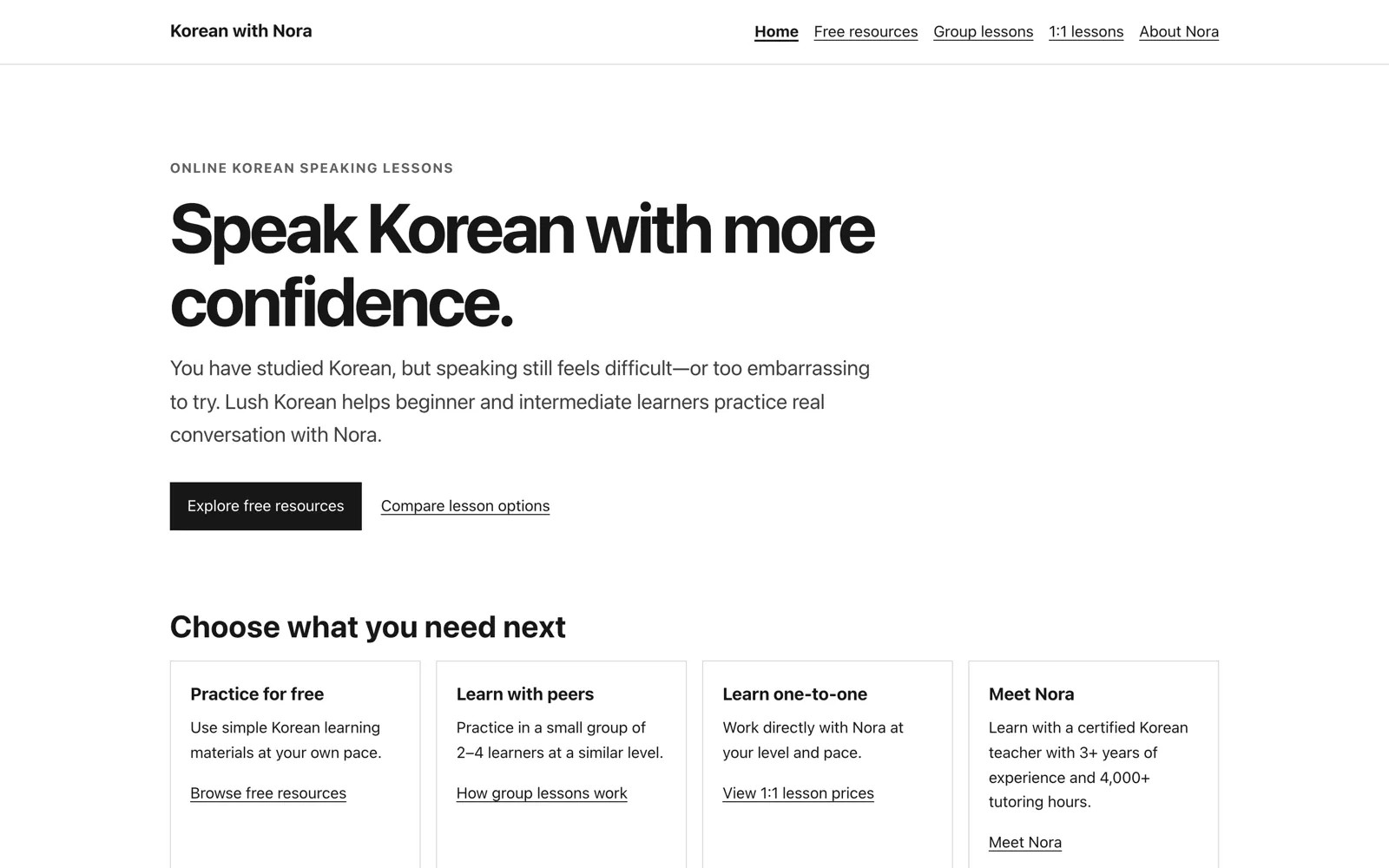 Nora's tutor site home page, the first site running our modules