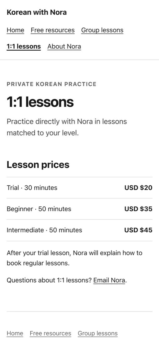 Nora's site on a phone, showing 1:1 lesson prices
