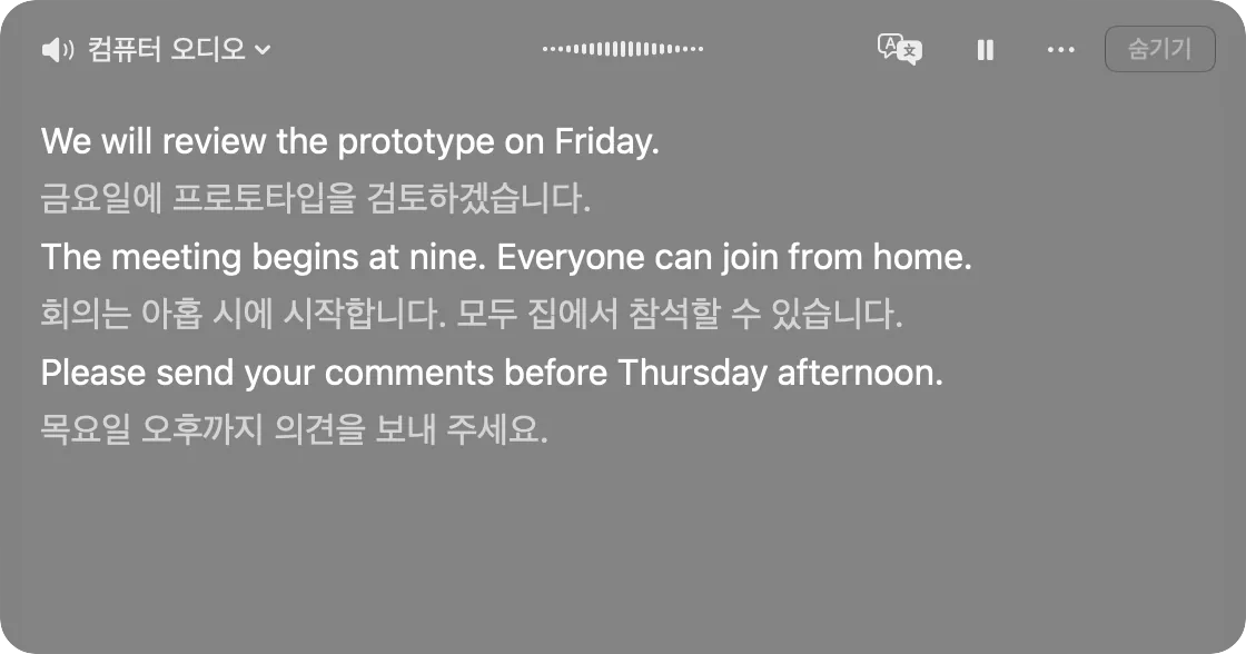 Tokki caption window with its control bar and English lines translated into Korean